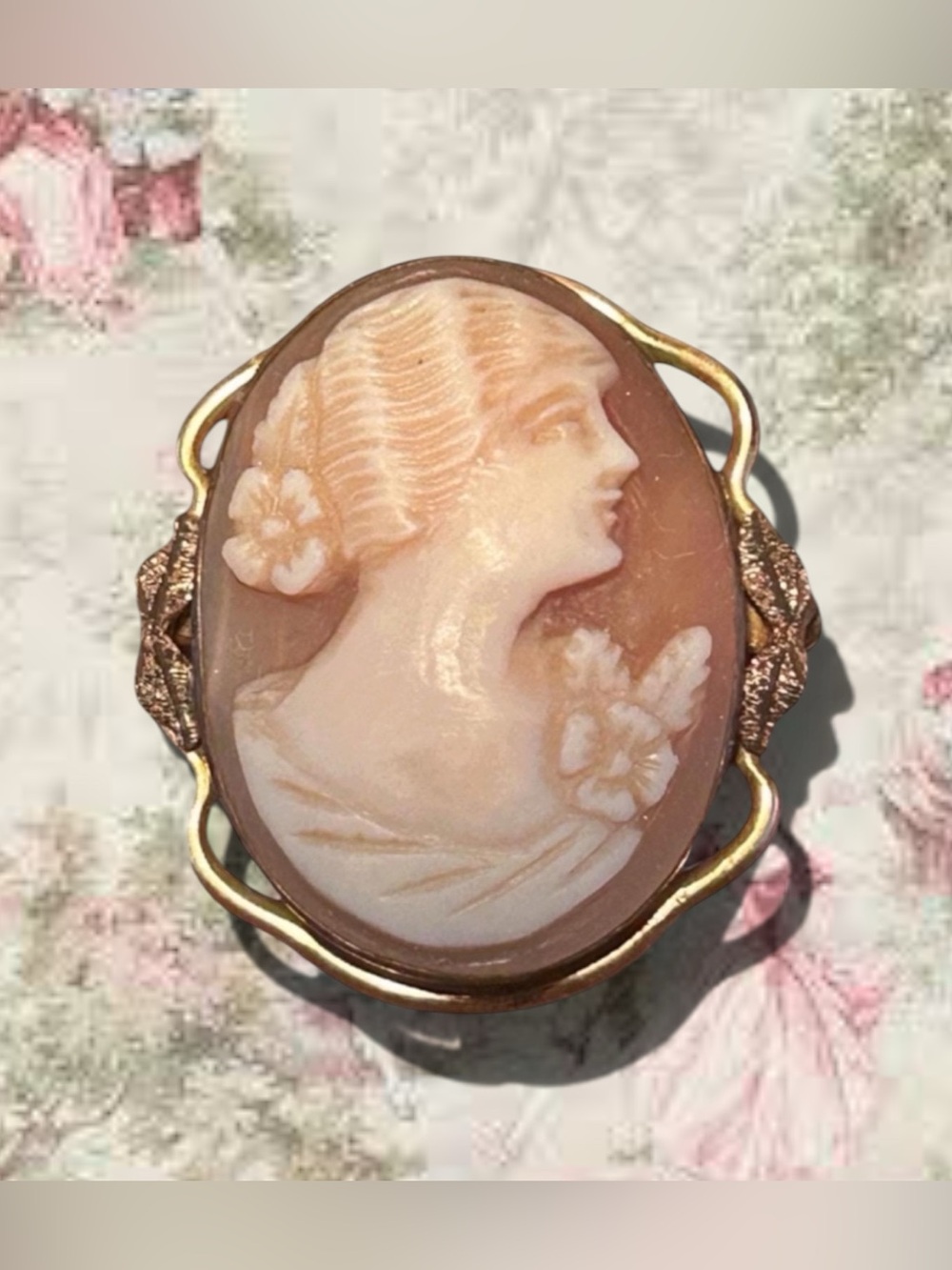 Vintage Shell Cameo Brooch Gold Tone Setting